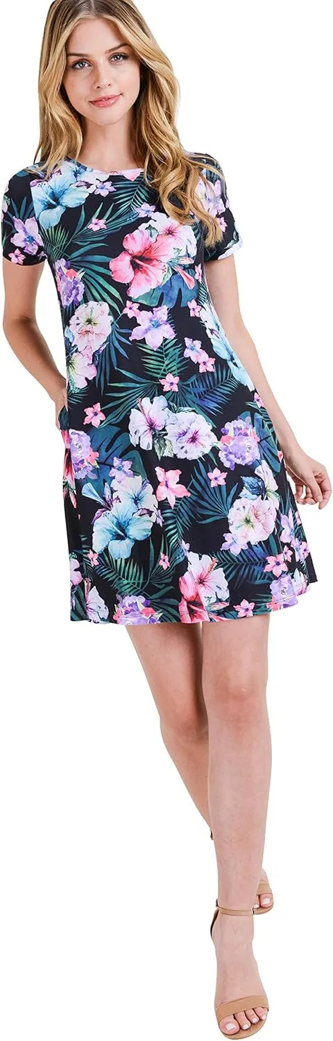 ICONOFLASH Womens Casual Summer Dresses with Pockets Short Sleeves Floral Print