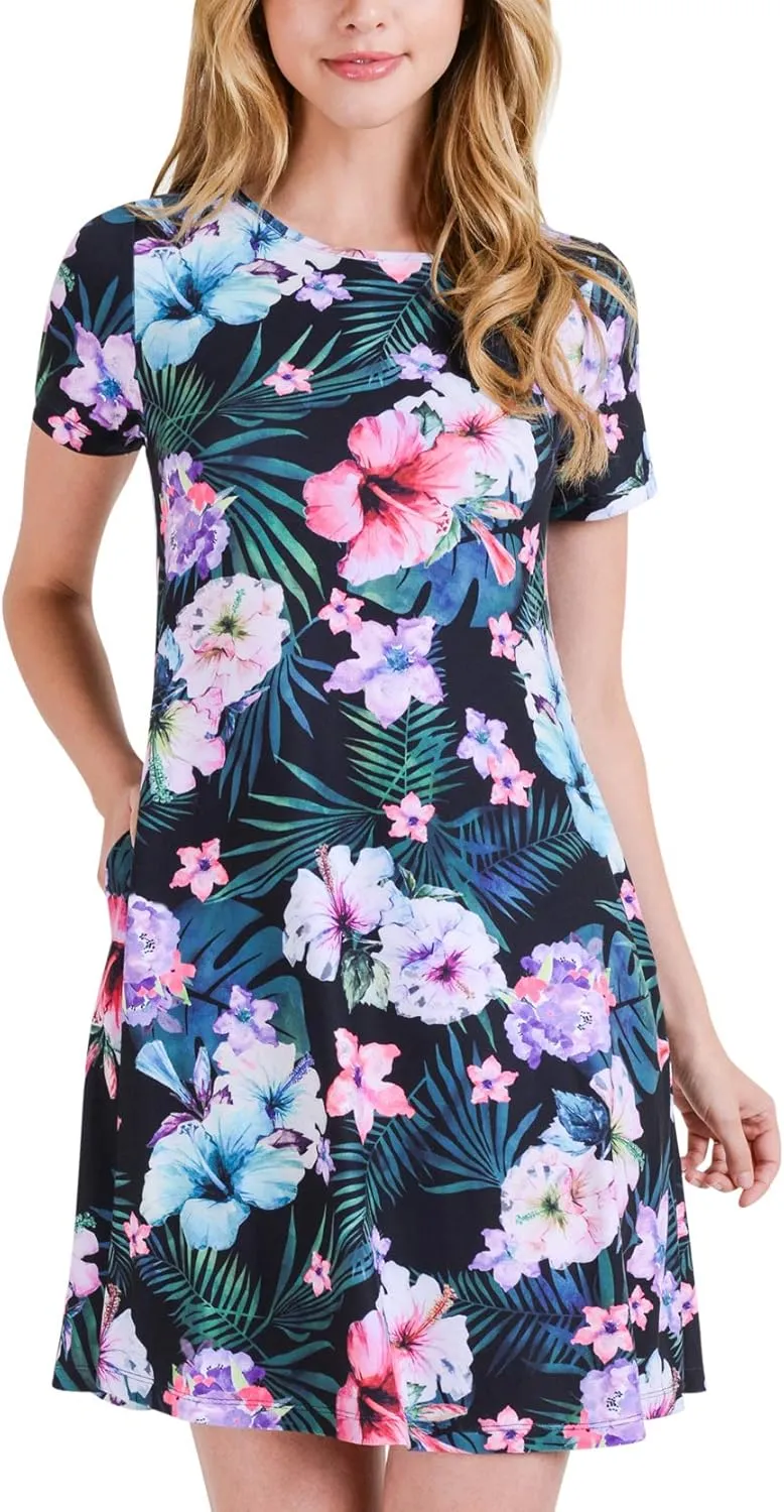 ICONOFLASH Womens Casual Summer Dresses with Pockets Short Sleeves Floral Print