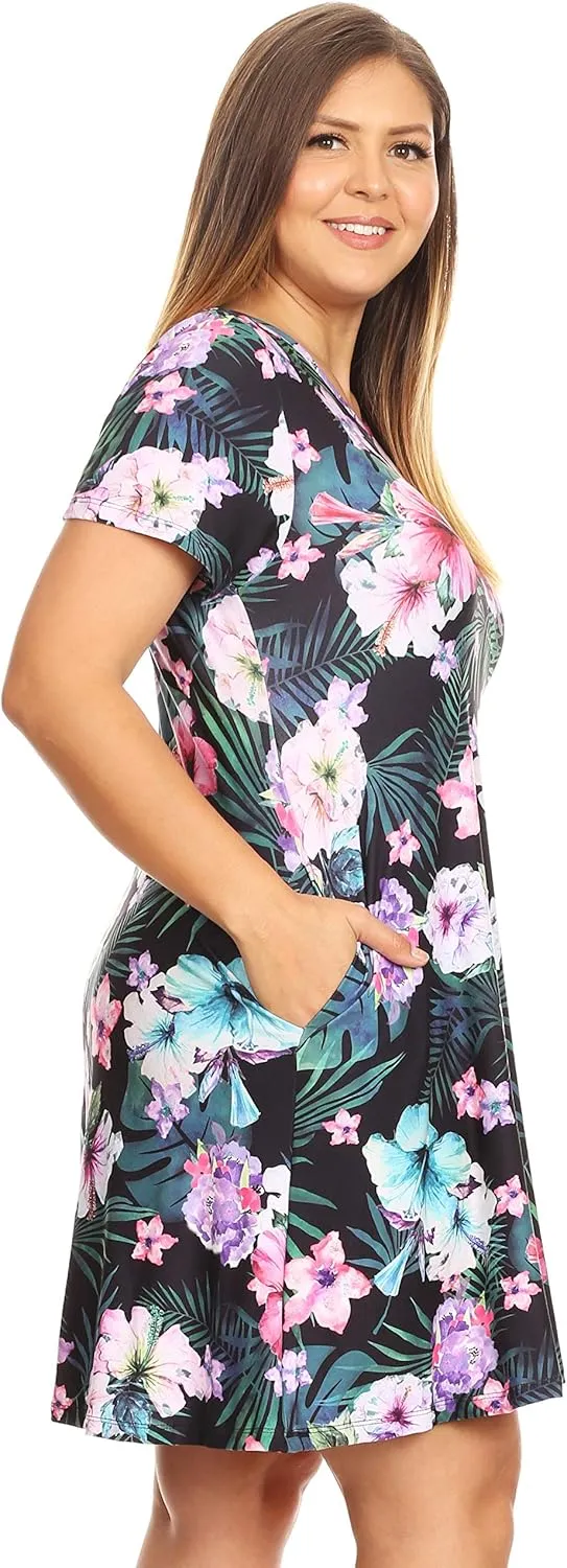 ICONOFLASH Womens Casual Summer Dresses with Pockets Short Sleeves Floral Print