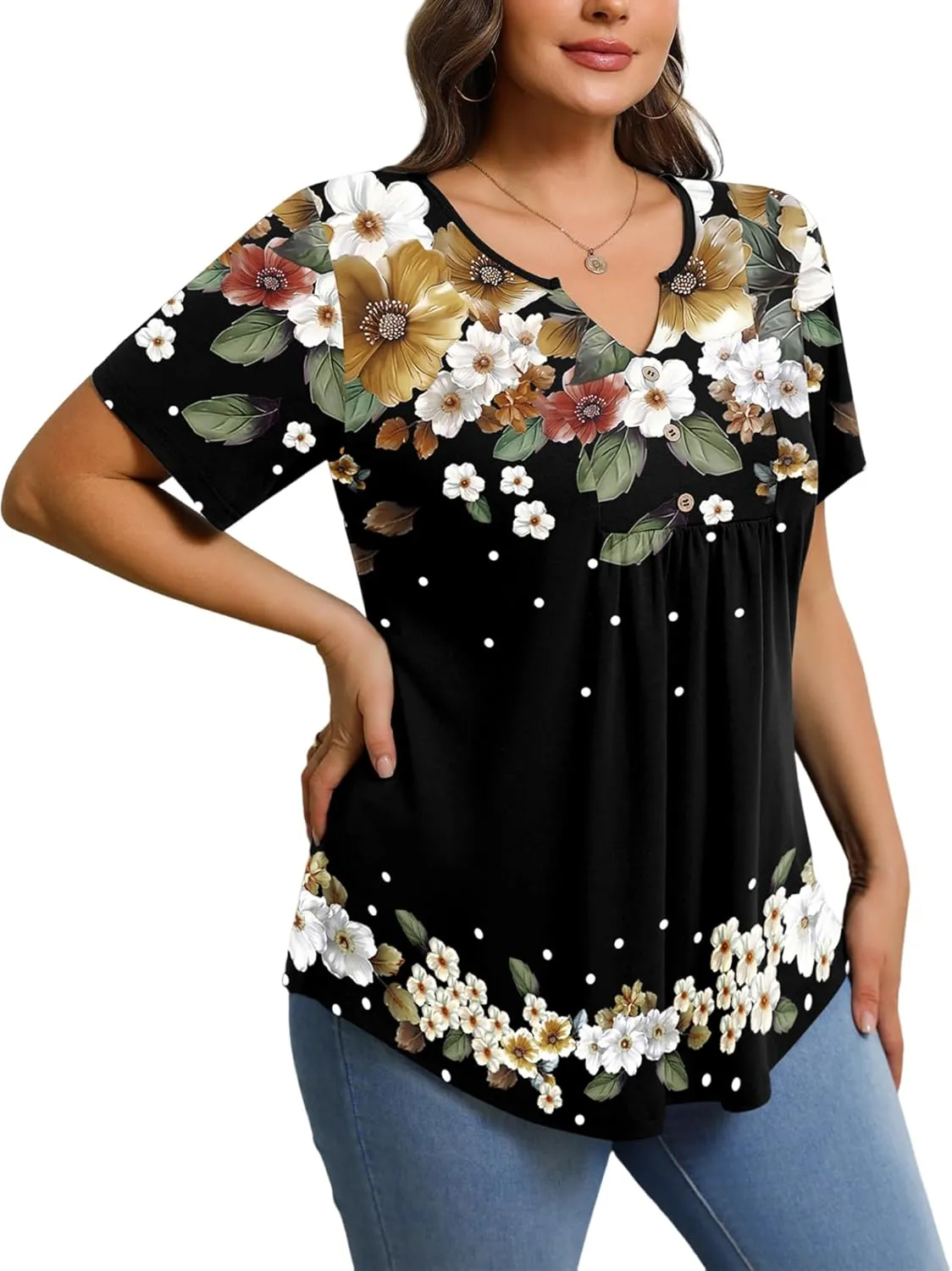 IN'VOLAND Womens Plus Size Tunic Top Summer Short Sleeve T-Shirt V-neck Button Up Dressy Blouse Casual Pleated Pullover 1X-5X