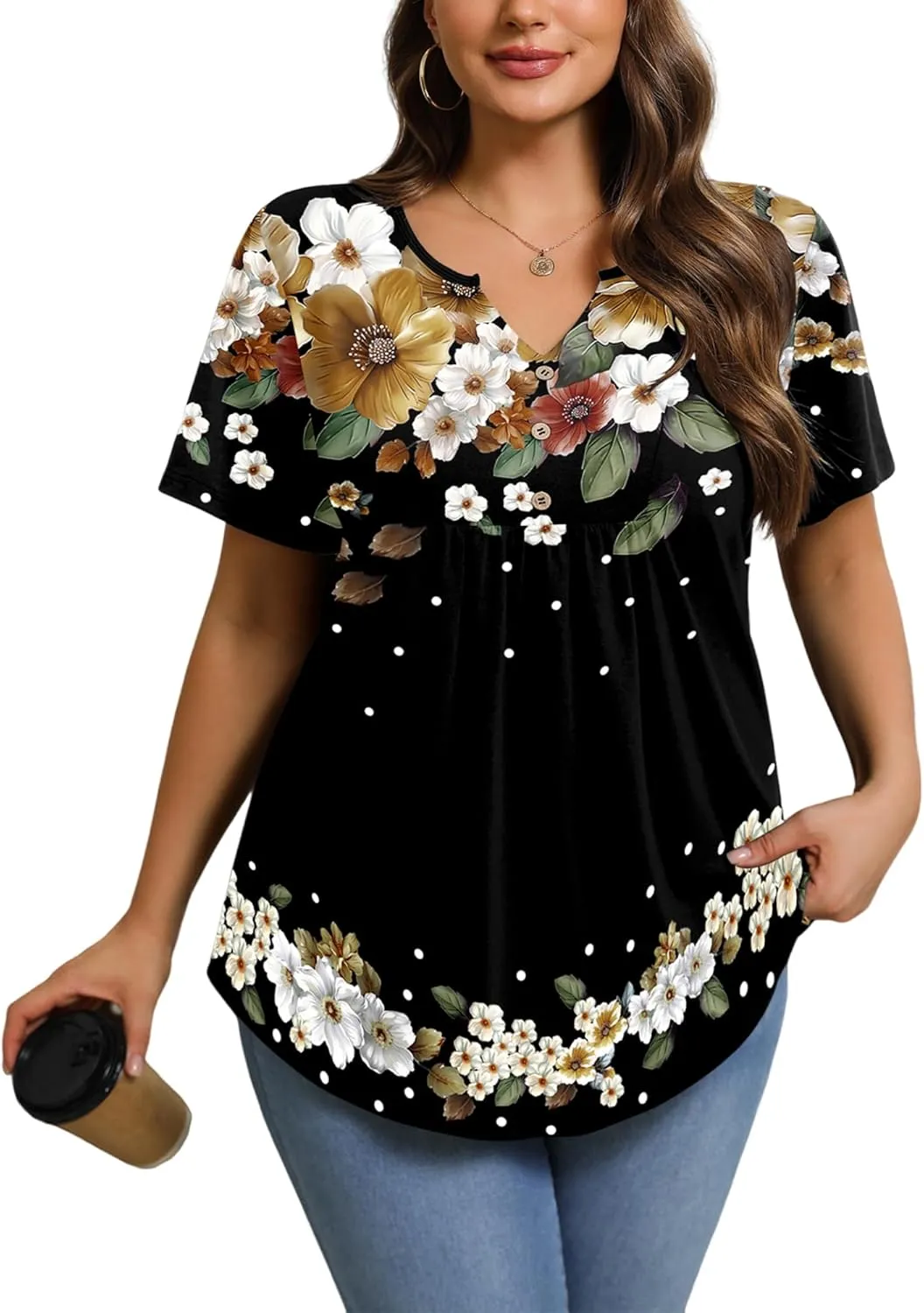 IN'VOLAND Womens Plus Size Tunic Top Summer Short Sleeve T-Shirt V-neck Button Up Dressy Blouse Casual Pleated Pullover 1X-5X