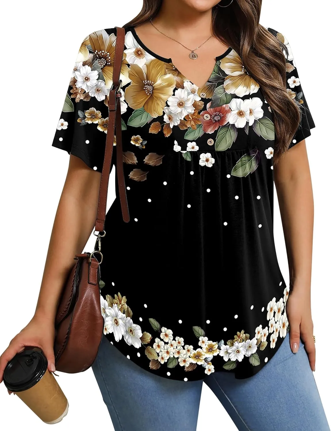 IN'VOLAND Womens Plus Size Tunic Top Summer Short Sleeve T-Shirt V-neck Button Up Dressy Blouse Casual Pleated Pullover 1X-5X