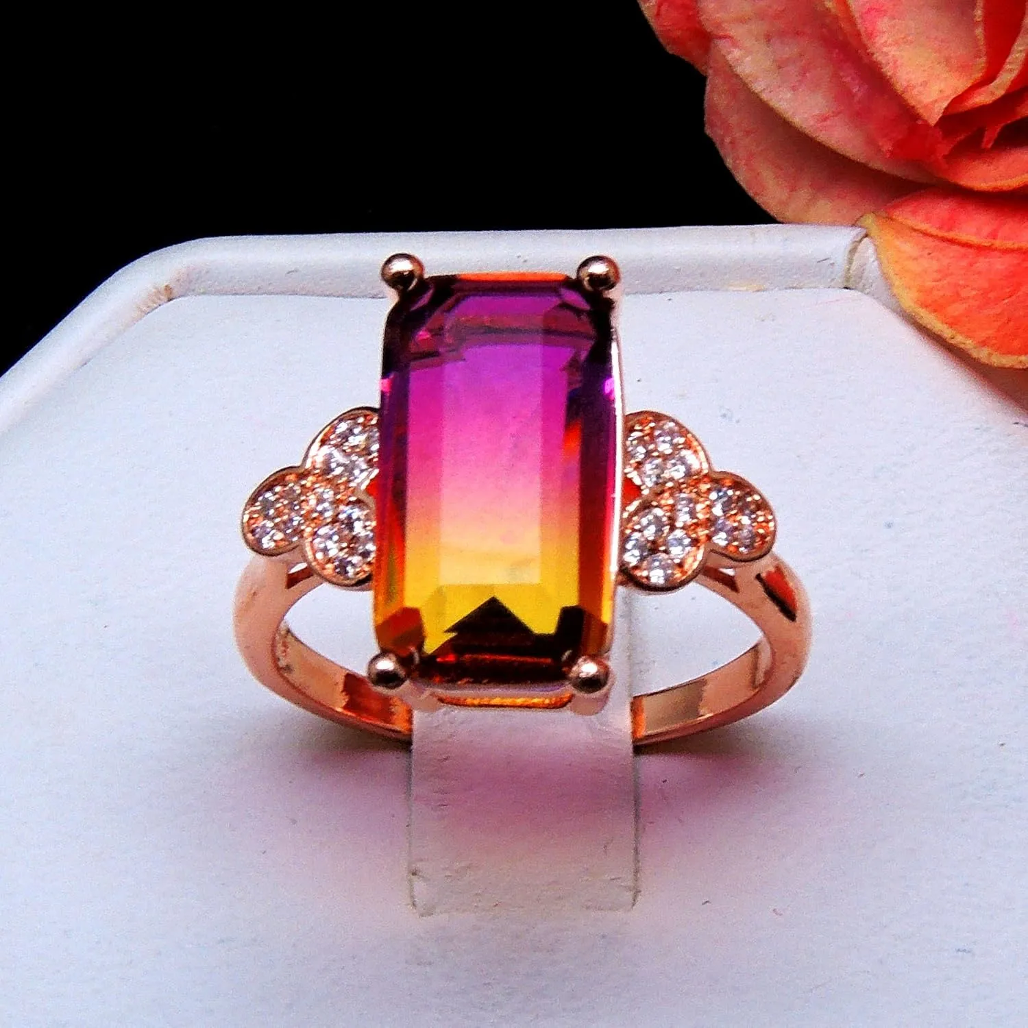 Iris Emerald Cut Statement Ring for Women by Ginger Lyne | Rainbow Mystic Cubic Zirconia Rose Gold Plated Fashion Jewelry Ring for Her | Gift for Birthdays or Holidays
