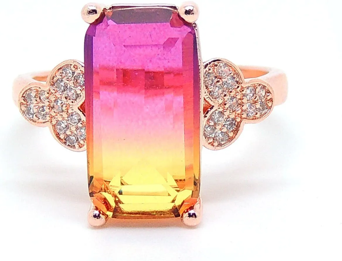 Iris Emerald Cut Statement Ring for Women by Ginger Lyne | Rainbow Mystic Cubic Zirconia Rose Gold Plated Fashion Jewelry Ring for Her | Gift for Birthdays or Holidays