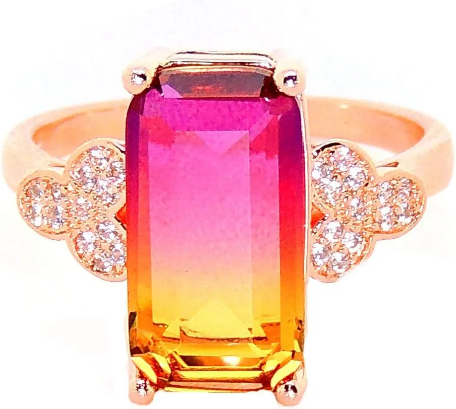 Iris Emerald Cut Statement Ring for Women by Ginger Lyne | Rainbow Mystic Cubic Zirconia Rose Gold Plated Fashion Jewelry Ring for Her | Gift for Birthdays or Holidays