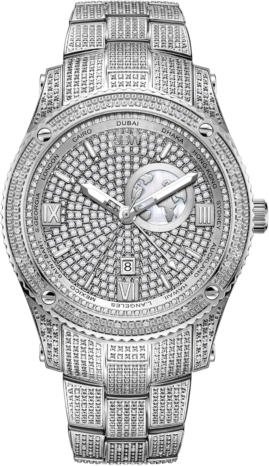 JBW Luxury Men's Jet Setter GMT J6370 1.00 ctw Diamond Wrist Watch with Stainless Steel Bracelet