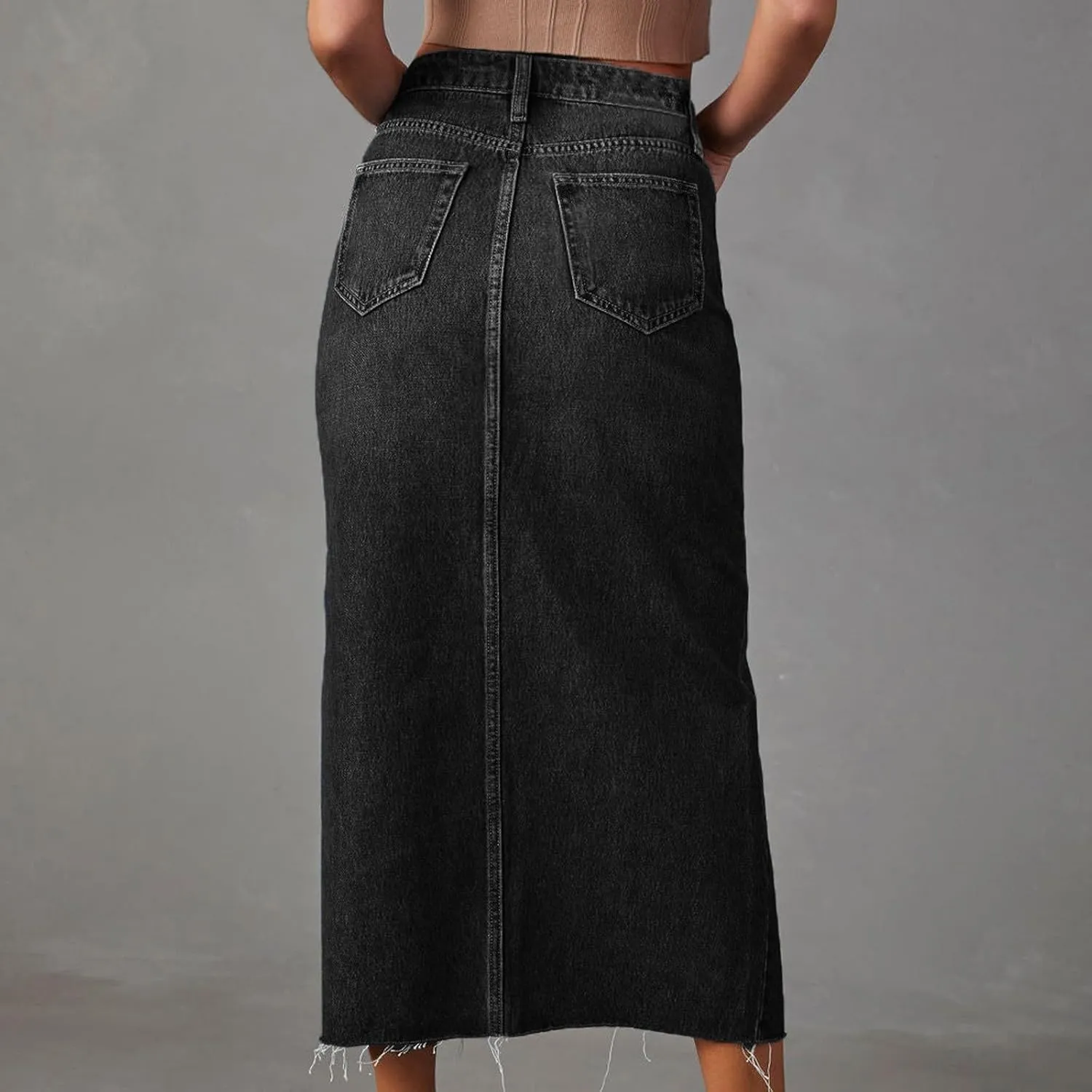 Jean Skirt for Women Denim Skirt with Pockets Mid High Waist Stretchy Bodycon Midi Skirts Long Pencil Skirts for