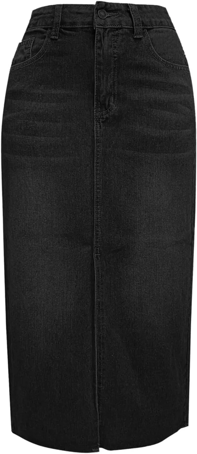 Jean Skirt for Women Denim Skirt with Pockets Mid High Waist Stretchy Bodycon Midi Skirts Long Pencil Skirts for