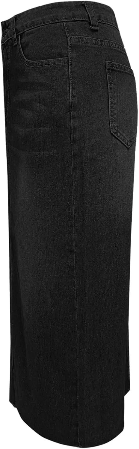 Jean Skirt for Women Denim Skirt with Pockets Mid High Waist Stretchy Bodycon Midi Skirts Long Pencil Skirts for