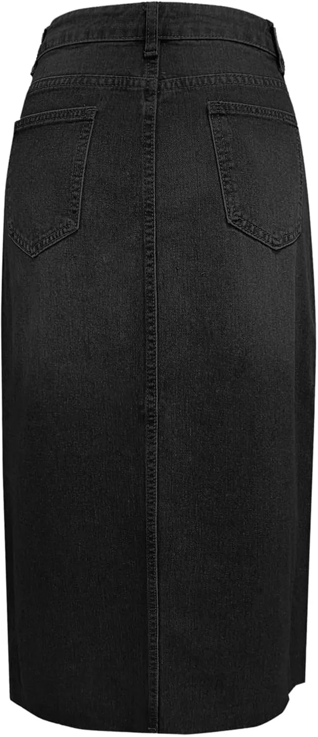 Jean Skirt for Women Denim Skirt with Pockets Mid High Waist Stretchy Bodycon Midi Skirts Long Pencil Skirts for