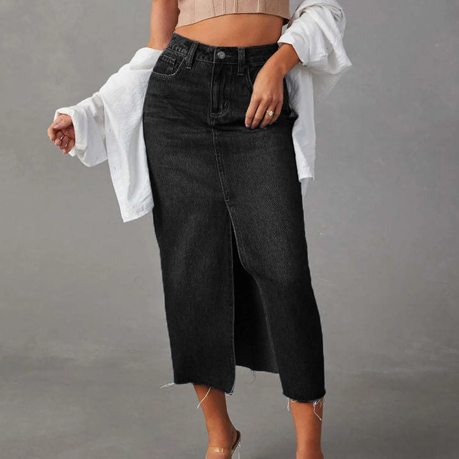 Jean Skirt for Women Denim Skirt with Pockets Mid High Waist Stretchy Bodycon Midi Skirts Long Pencil Skirts for