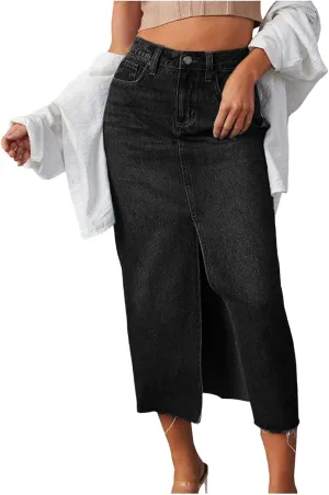 Jean Skirt for Women Denim Skirt with Pockets Mid High Waist Stretchy Bodycon Midi Skirts Long Pencil Skirts for