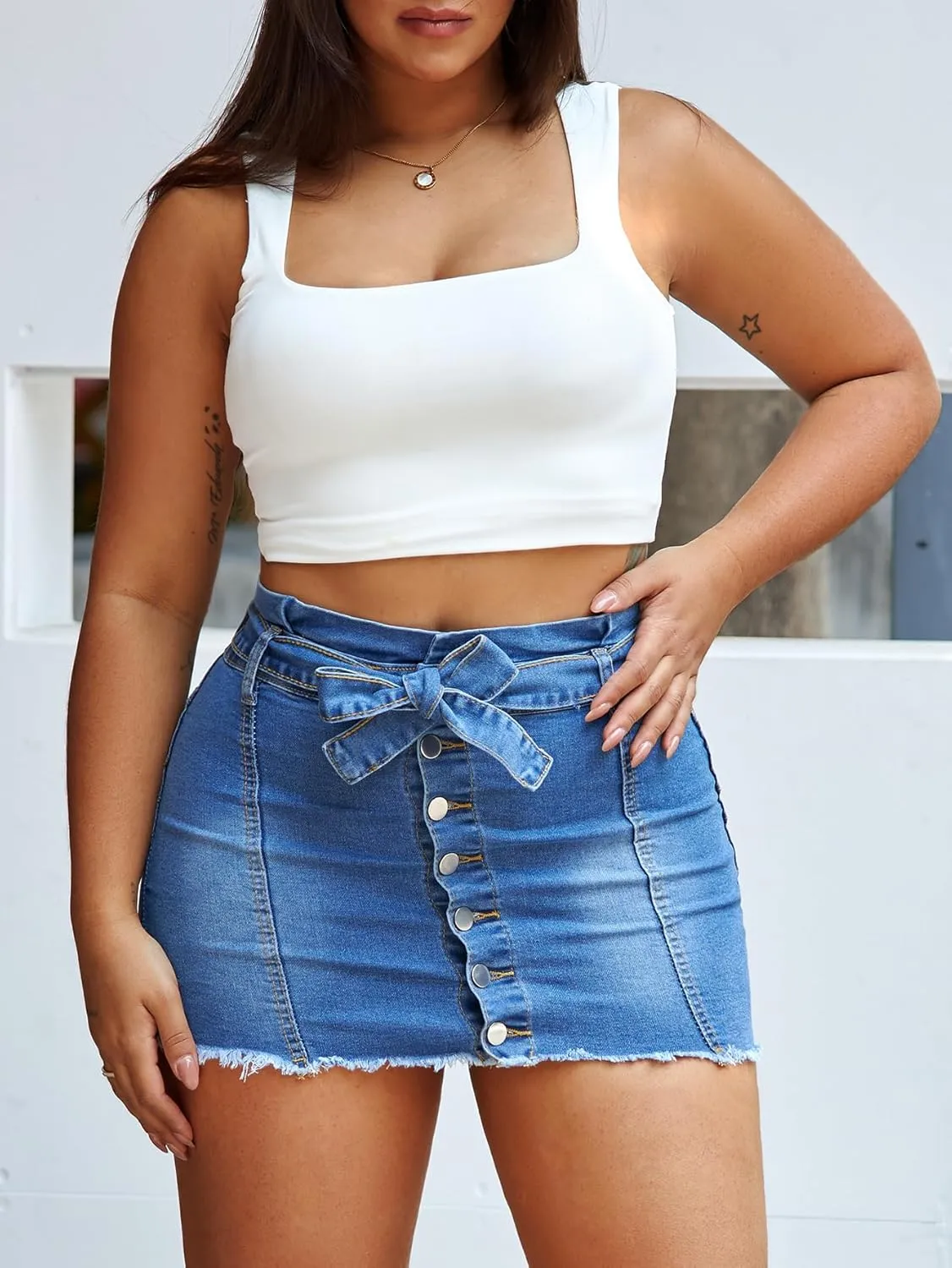 Jean Skirts for Women Denim Mini High Stretchy High Waisted Casual Raw Hem Button Front Tie Jean Pencil Skirt 2025 Trendy