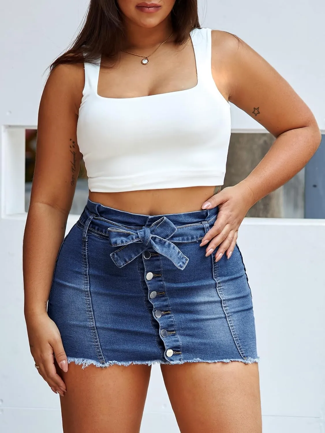Jean Skirts for Women Denim Mini High Stretchy High Waisted Casual Raw Hem Button Front Tie Jean Pencil Skirt 2025 Trendy