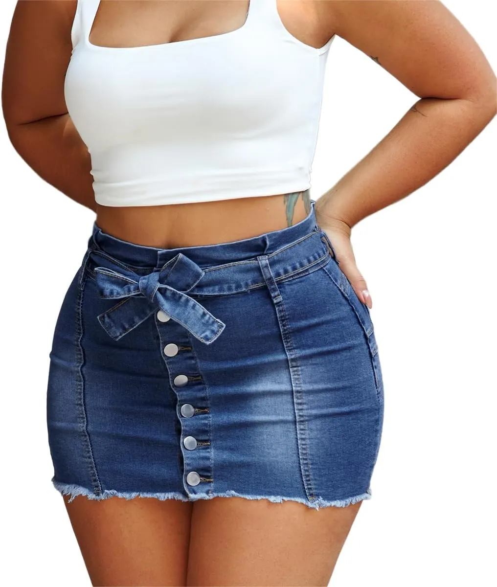 Jean Skirts for Women Denim Mini High Stretchy High Waisted Casual Raw Hem Button Front Tie Jean Pencil Skirt 2025 Trendy