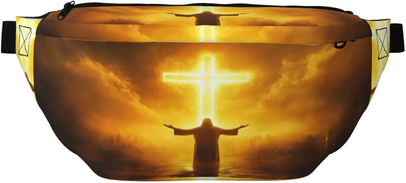 Jesus Christ Standing With A Glowing Cross Fanny Pack For Women Man, Waist Belt Bag Crossbody For Sports Travel Hiking Running Jogging