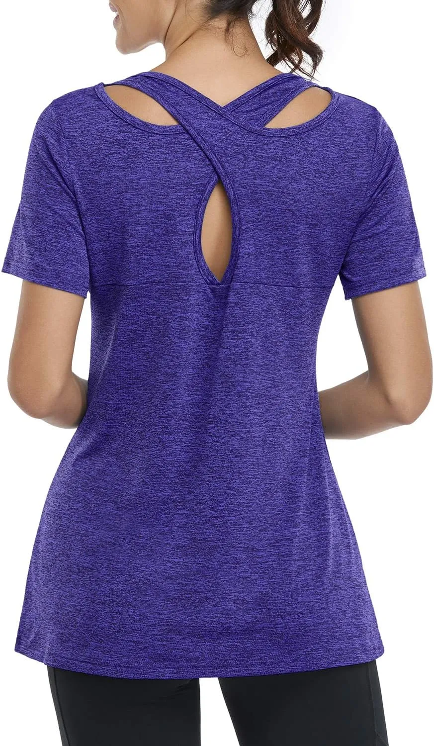Kimmery Woman Short Sleeve Round Neck Criss Cross Back Yoga Shirt
