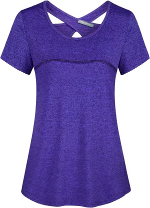 Kimmery Woman Short Sleeve Round Neck Criss Cross Back Yoga Shirt