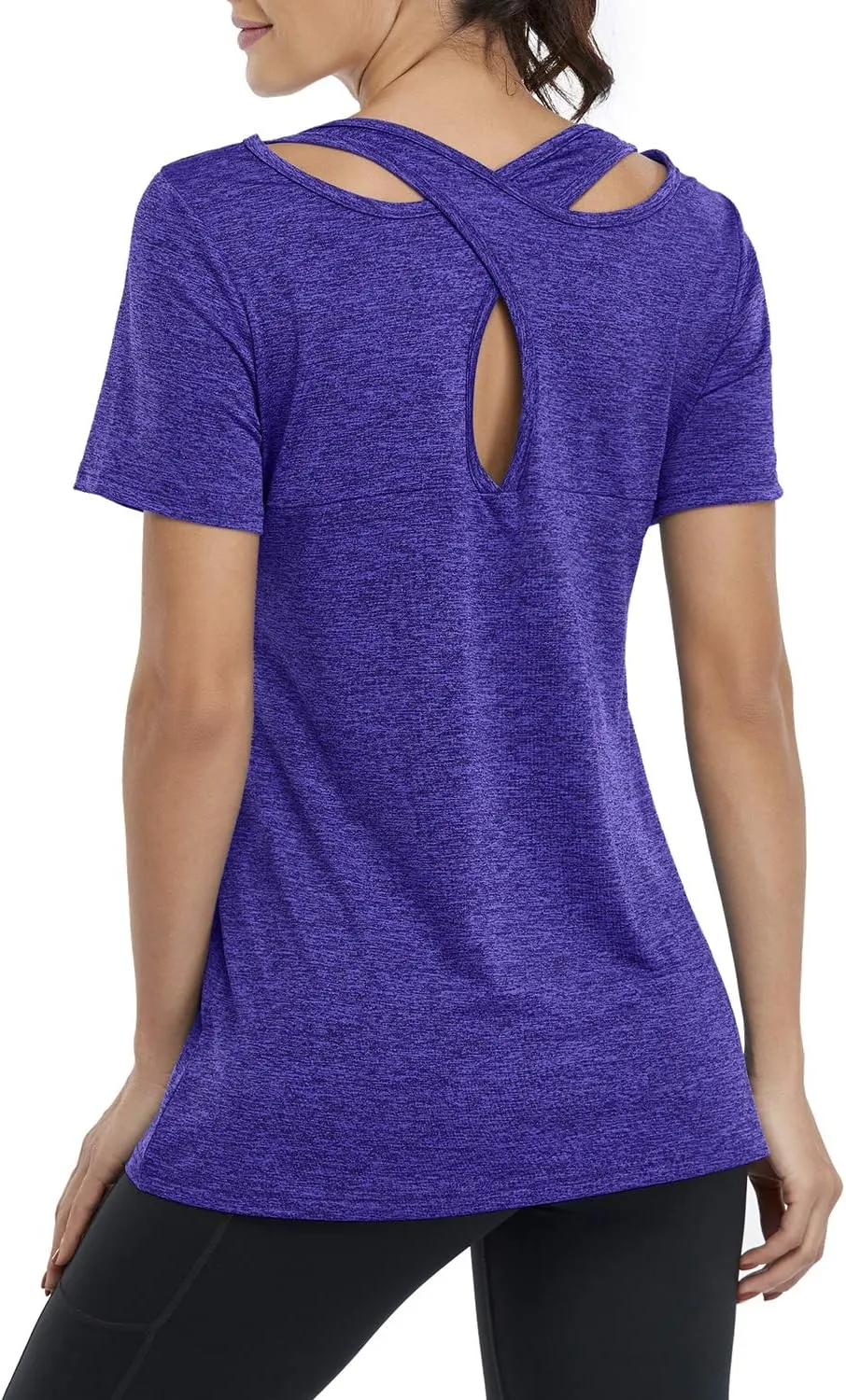 Kimmery Woman Short Sleeve Round Neck Criss Cross Back Yoga Shirt