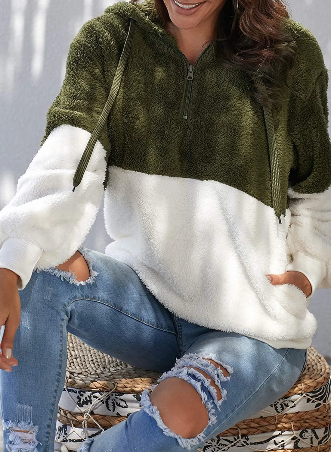 KINGFEN Womens Oversized Sherpa Pullover Hoodie with Pockets Fuzzy Fleece Warm Casual Loose Hooded Sweatshirt Hoodies