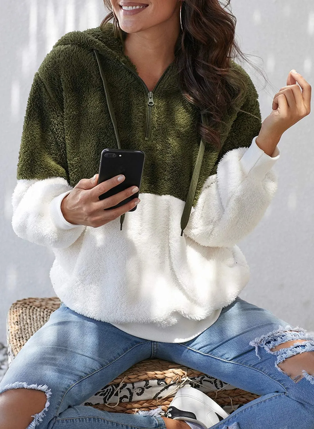 KINGFEN Womens Oversized Sherpa Pullover Hoodie with Pockets Fuzzy Fleece Warm Casual Loose Hooded Sweatshirt Hoodies