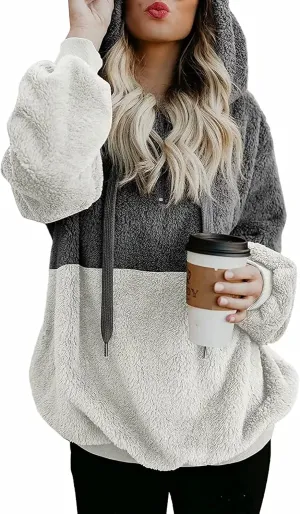 KINGFEN Womens Oversized Sherpa Pullover Hoodie with Pockets Fuzzy Fleece Warm Casual Loose Hooded Sweatshirt Hoodies