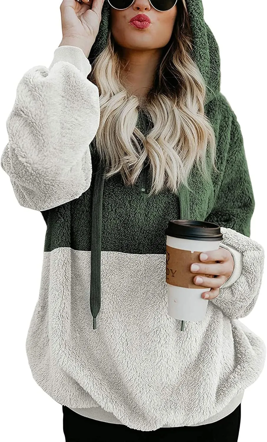 KINGFEN Womens Oversized Sherpa Pullover Hoodie with Pockets Fuzzy Fleece Warm Casual Loose Hooded Sweatshirt Hoodies