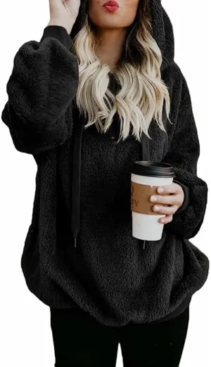 KINGFEN Womens Oversized Sherpa Pullover Hoodie with Pockets Fuzzy Fleece Warm Casual Loose Hooded Sweatshirt Hoodies
