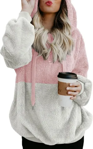 KINGFEN Womens Oversized Sherpa Pullover Hoodie with Pockets Fuzzy Fleece Warm Casual Loose Hooded Sweatshirt Hoodies