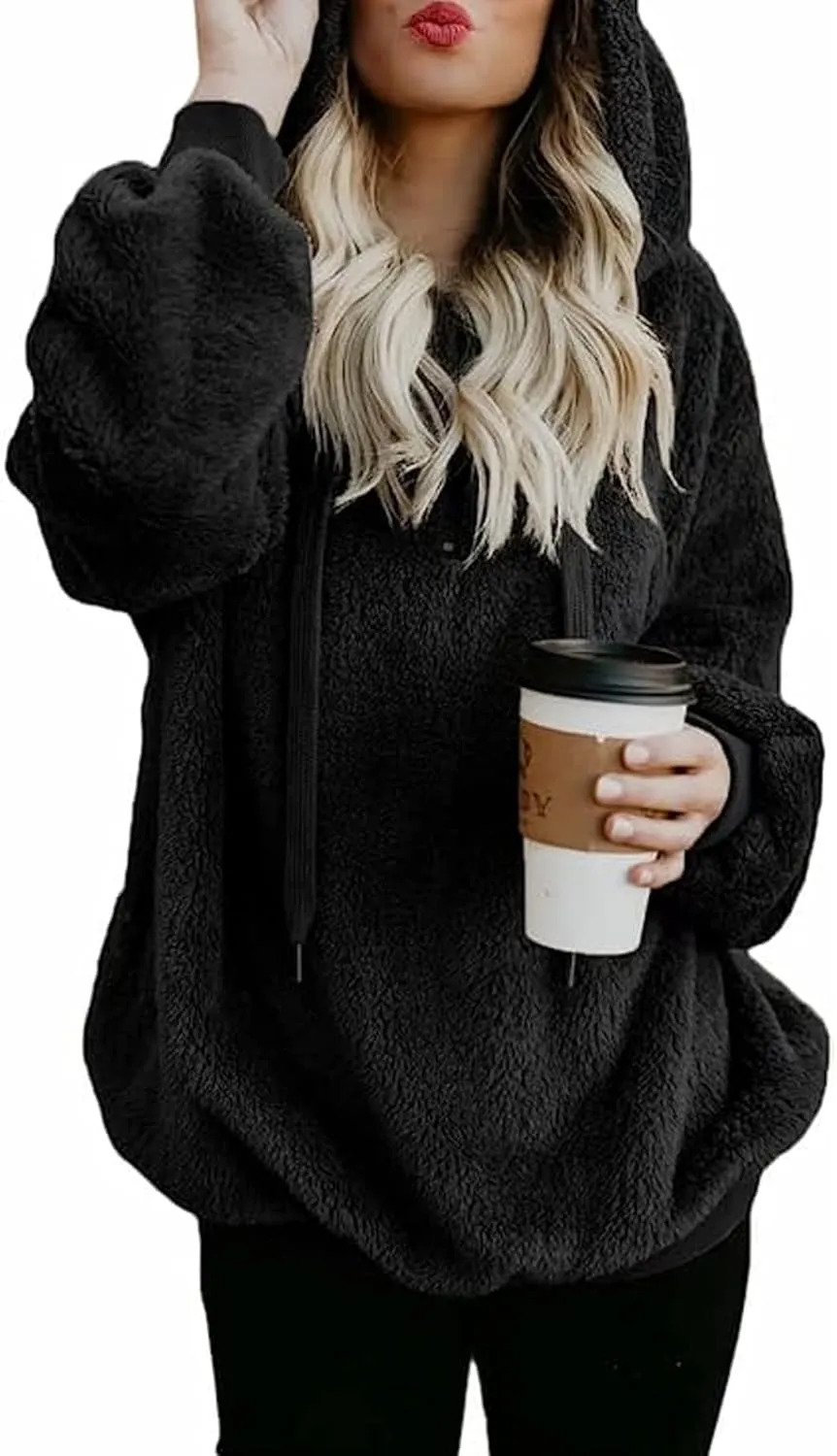 KINGFEN Womens Oversized Sherpa Pullover Hoodie with Pockets Fuzzy Fleece Warm Casual Loose Hooded Sweatshirt Hoodies