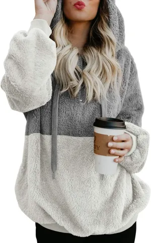 KINGFEN Womens Oversized Sherpa Pullover Hoodie with Pockets Fuzzy Fleece Warm Casual Loose Hooded Sweatshirt Hoodies