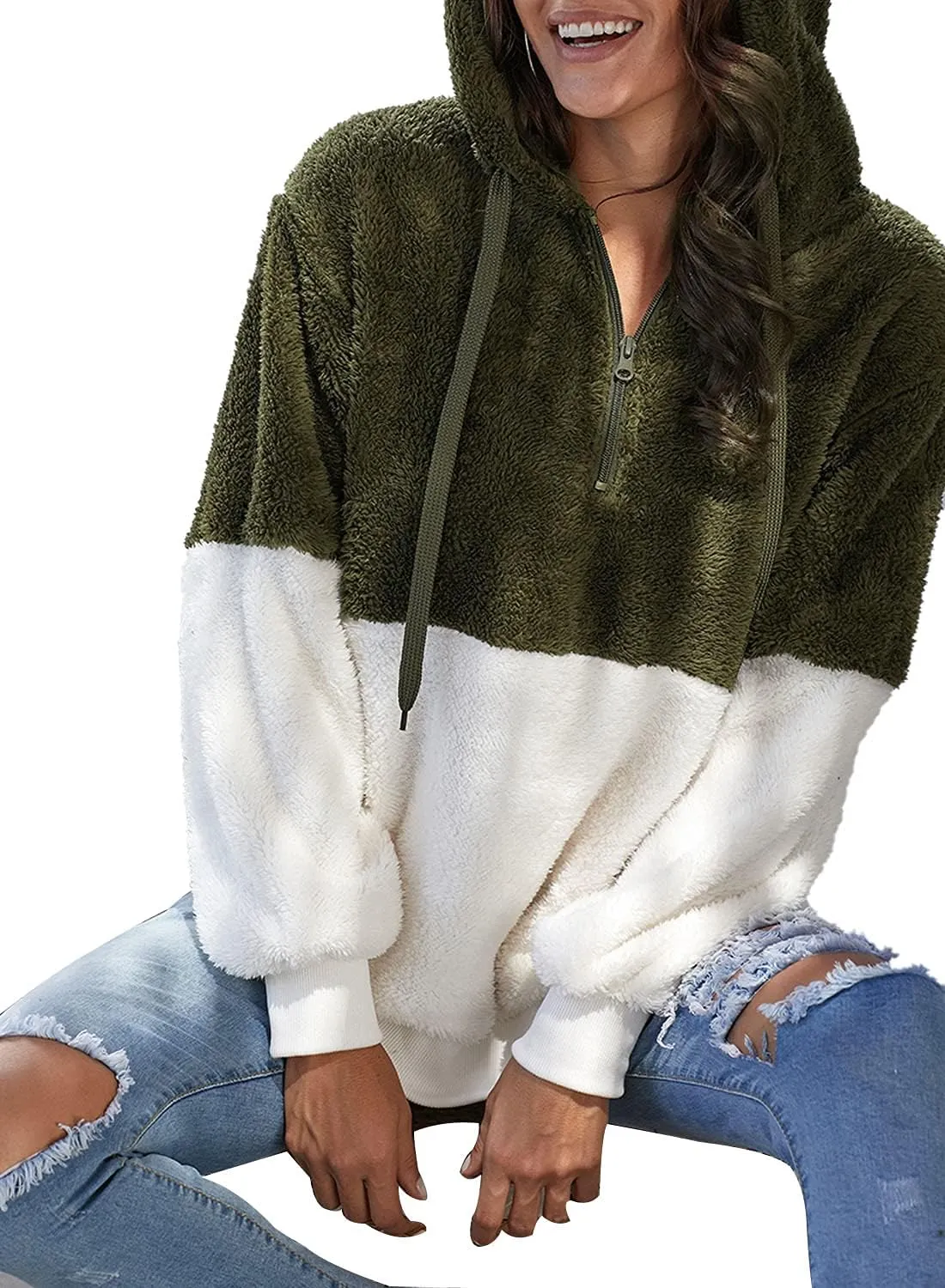 KINGFEN Womens Oversized Sherpa Pullover Hoodie with Pockets Fuzzy Fleece Warm Casual Loose Hooded Sweatshirt Hoodies