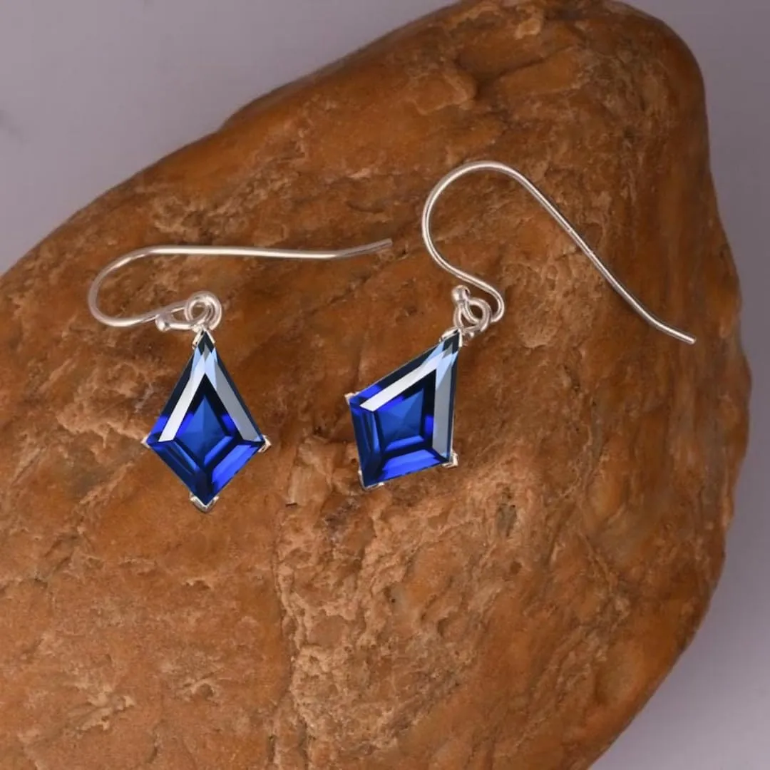 Kite Cut Blue Sapphire Drop Earrings, Rose Gold Hooks, Crystal Dangle