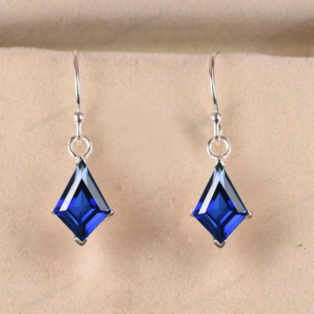 Kite Cut Blue Sapphire Drop Earrings, Rose Gold Hooks, Crystal Dangle