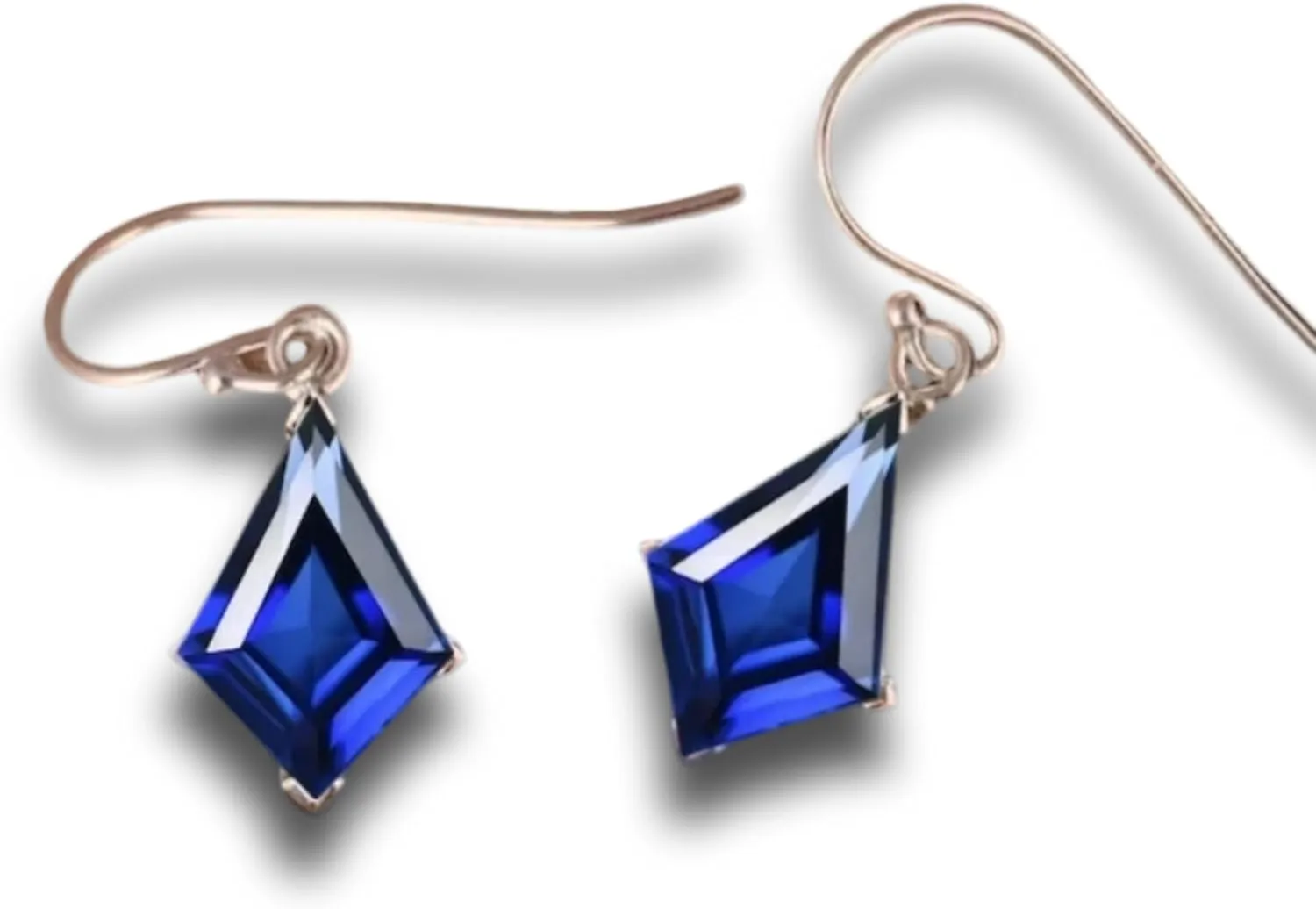 Kite Cut Blue Sapphire Drop Earrings, Rose Gold Hooks, Crystal Dangle