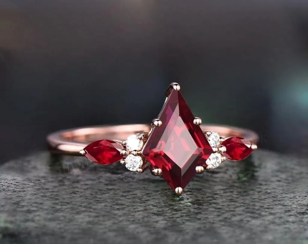 Kite cut red ruby engagement ring art deco rose gold moissanite ring marquise cut natural ruby ring vintage wedding bridal ring set women