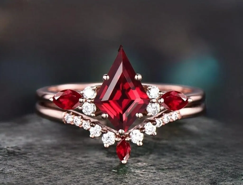 Kite cut red ruby engagement ring art deco rose gold moissanite ring marquise cut natural ruby ring vintage wedding bridal ring set women