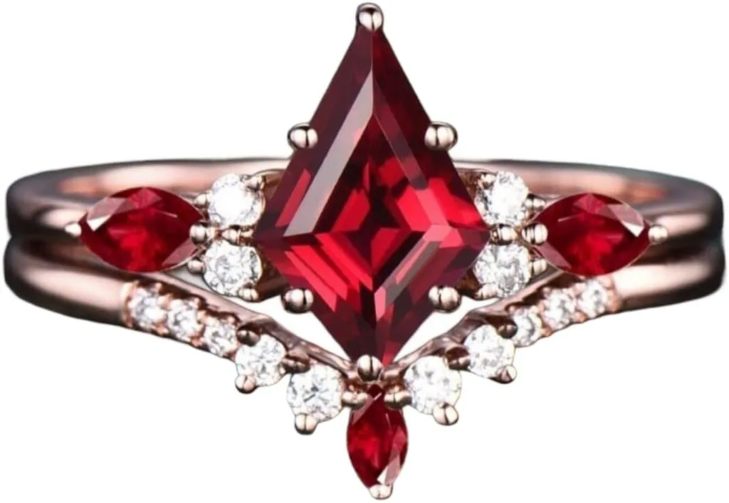 Kite cut red ruby engagement ring art deco rose gold moissanite ring marquise cut natural ruby ring vintage wedding bridal ring set women