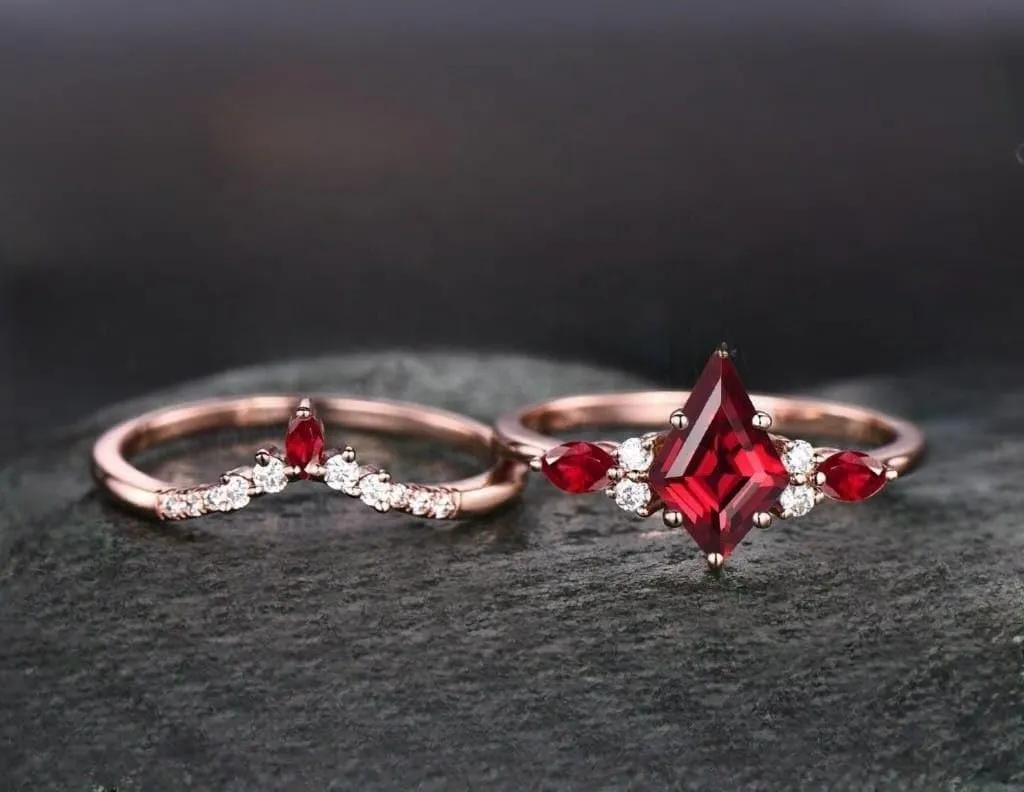Kite cut red ruby engagement ring art deco rose gold moissanite ring marquise cut natural ruby ring vintage wedding bridal ring set women