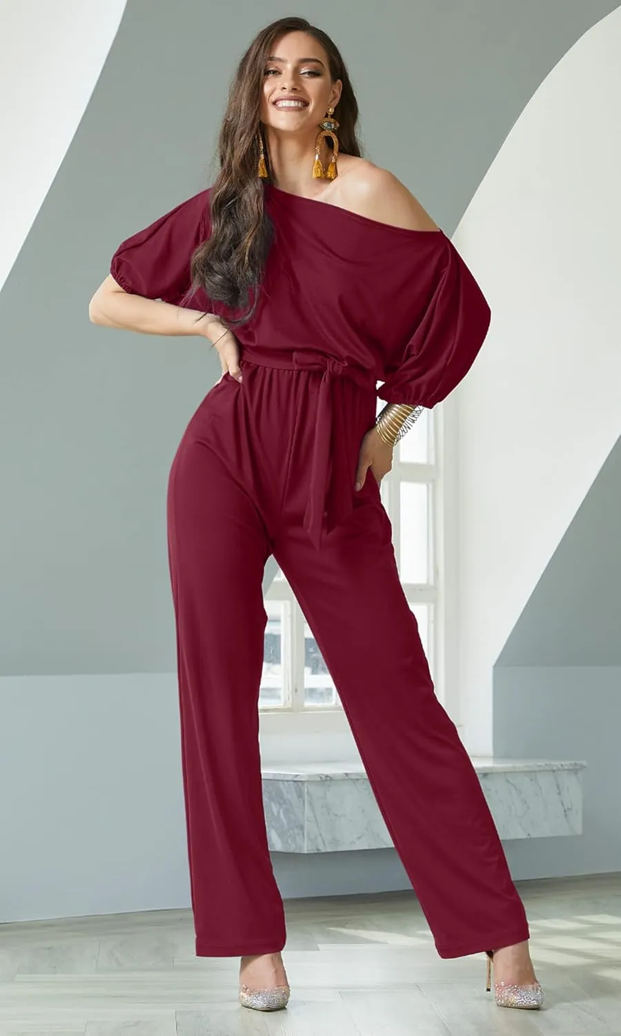 KOH KOH Womens One Off Shoulder Short Sleeve Piece Jumpsuit Pant Suit Romper