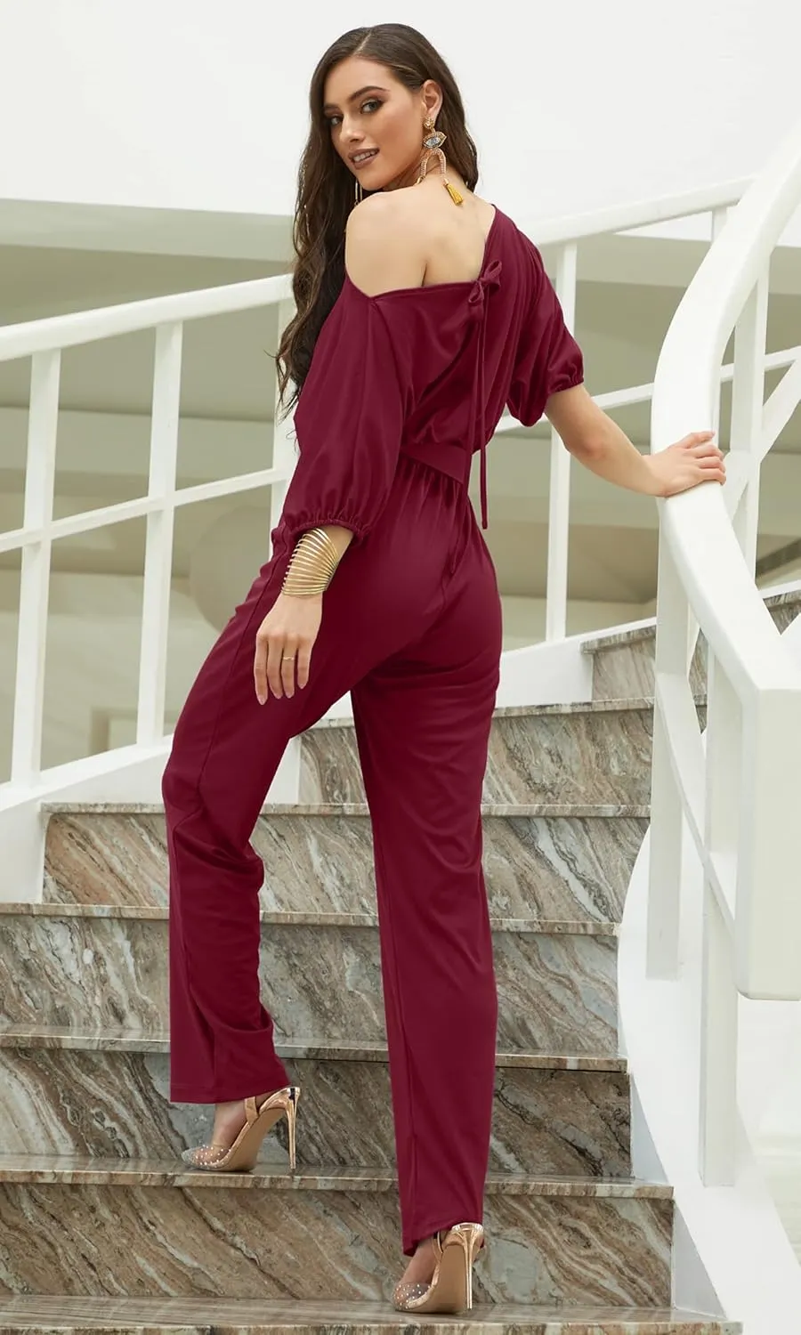 KOH KOH Womens One Off Shoulder Short Sleeve Piece Jumpsuit Pant Suit Romper