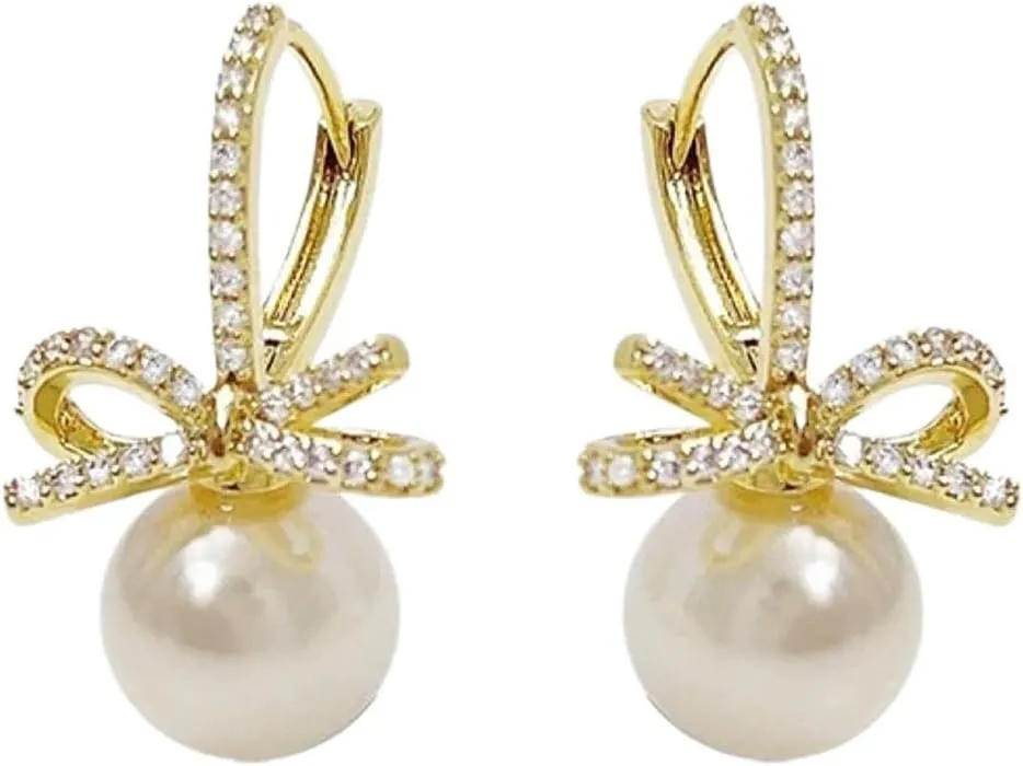 Kokoma Pearl Dangle Bow Hoop Earrings for Women Rhinestone CZ Bow Knot Small Huggie Hinged Hoops Dangling Drop Wedding Earrings Dainty Ear Jewelry for Christmas