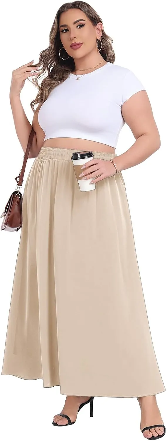 Lastshe Plus Size Maxi Skirts for Women Casual Elastic High Waisted Hide Drawstring Flowy A-line Long Skirt with Pockets