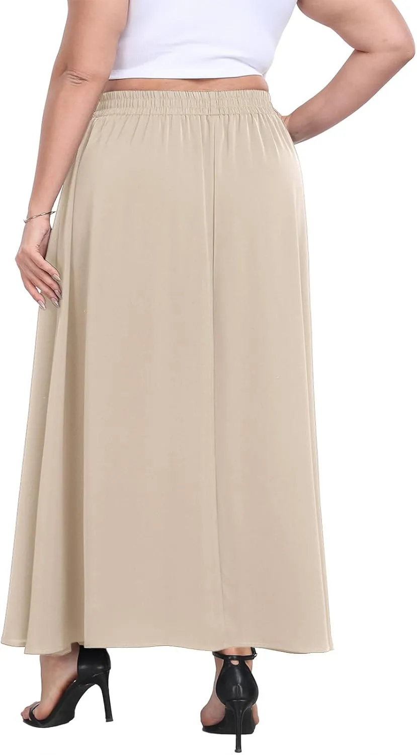 Lastshe Plus Size Maxi Skirts for Women Casual Elastic High Waisted Hide Drawstring Flowy A-line Long Skirt with Pockets