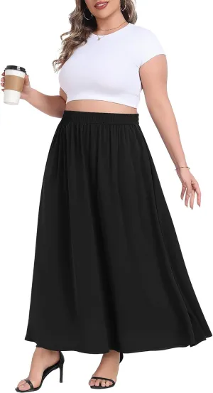 Lastshe Plus Size Maxi Skirts for Women Casual Elastic High Waisted Hide Drawstring Flowy A-line Long Skirt with Pockets