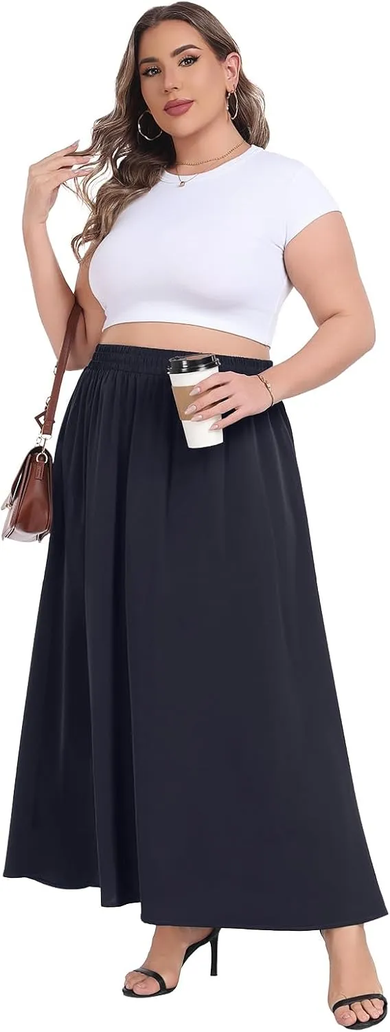 Lastshe Plus Size Maxi Skirts for Women Casual Elastic High Waisted Hide Drawstring Flowy A-line Long Skirt with Pockets