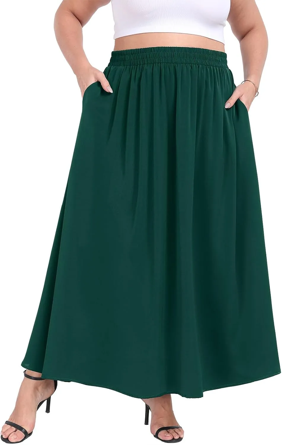 Lastshe Plus Size Maxi Skirts for Women Casual Elastic High Waisted Hide Drawstring Flowy A-line Long Skirt with Pockets