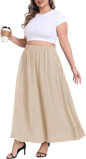 Lastshe Plus Size Maxi Skirts for Women Casual Elastic High Waisted Hide Drawstring Flowy A-line Long Skirt with Pockets
