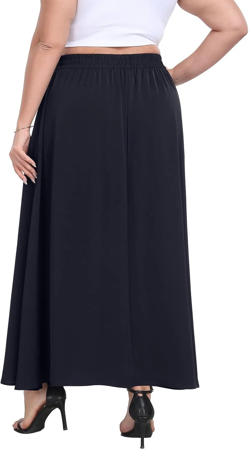Lastshe Plus Size Maxi Skirts for Women Casual Elastic High Waisted Hide Drawstring Flowy A-line Long Skirt with Pockets