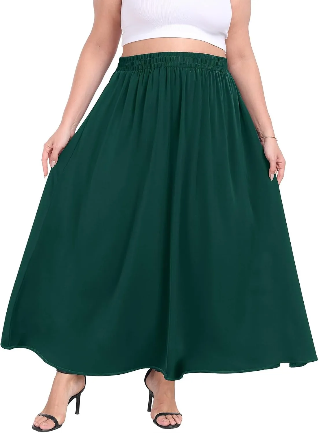 Lastshe Plus Size Maxi Skirts for Women Casual Elastic High Waisted Hide Drawstring Flowy A-line Long Skirt with Pockets